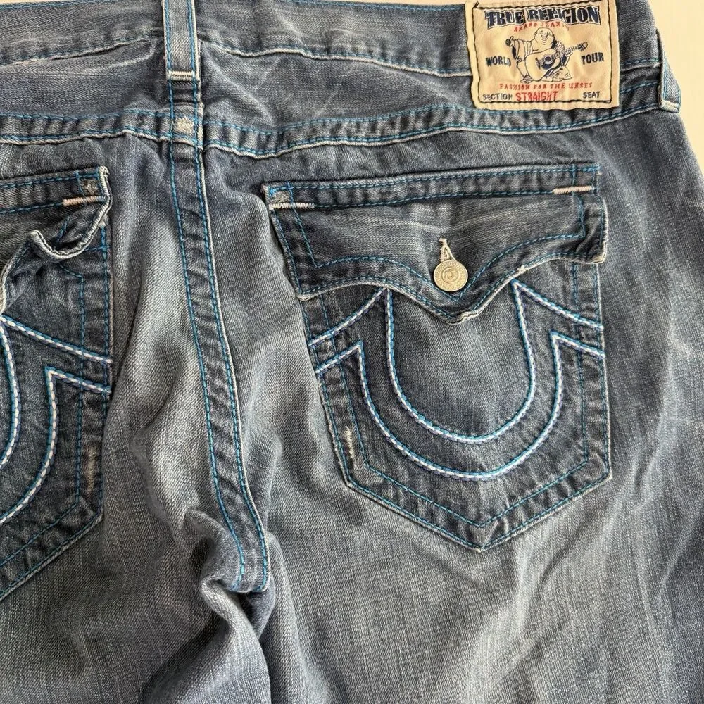 TRUE RELIGION Jeans Mens Size 44 Blue Thick Stitch Flap Pocket Straight Leg USA
